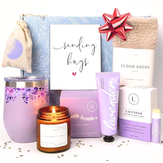 Unboxme Valentine's Day Lavender Spa Gift Set - Relaxation Gifts For Women - Get Well Soon Gift Basket with Scented Candle, Bath Bomb, Soap (""Sending Hugs"" Greeting Card, Luxury Lavender Collection)