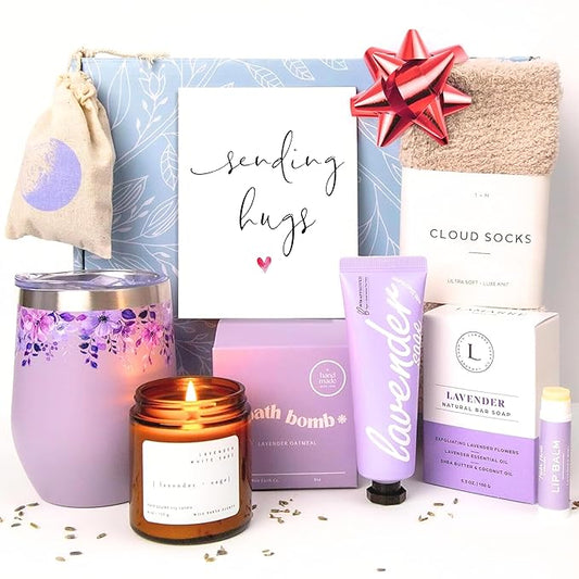 Unboxme Valentine's Day Lavender Spa Gift Set - Relaxation Gifts For Women - Get Well Soon Gift Basket with Scented Candle, Bath Bomb, Soap (""Sending Hugs"" Greeting Card, Luxury Lavender Collection)