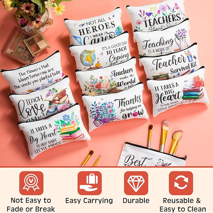 24 Pieces Makeup Bags Bulk Canvas Cosmetic Bags Purse Organizer Zipper Cosmetic Pouch Portable Travel Toiletry Pouch for Women Men Gifts, 7 x 4 Inch (Teacher Thanks)
