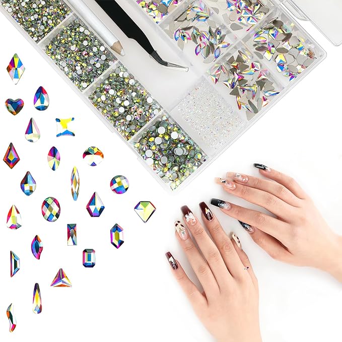 8280 Pcs AB Nail Rhinestones Crystals Multi Shapes Sizes AB Flatback Nail Glass Gems Diamonds for Nail Art Manicure DIY Crafts Jewelry Accessories