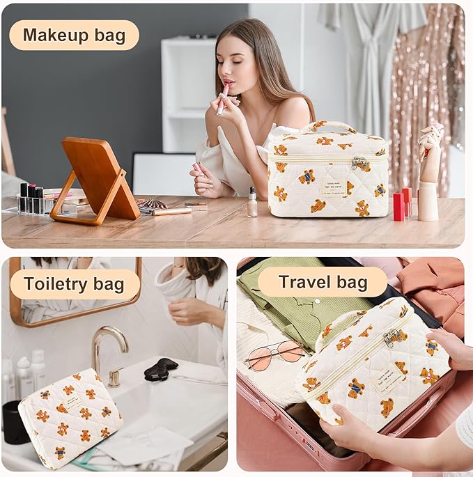 3Pcs Makeup Bag Cotton Quilted Travel Cosmetic Bag Cute Floral Makeup Pouch Large Toiletry Bag for Women Girls