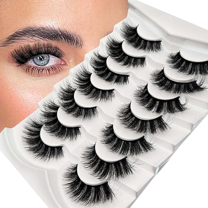 NINGLASH Lashes Strips Cat Eye Fluffy False Eyelashes 18mm Lash Pack Full Wispy Lashes 9D Volume Curly Fake Eyelash 7 Pairs Thick Faux Mink Lashes Multipack