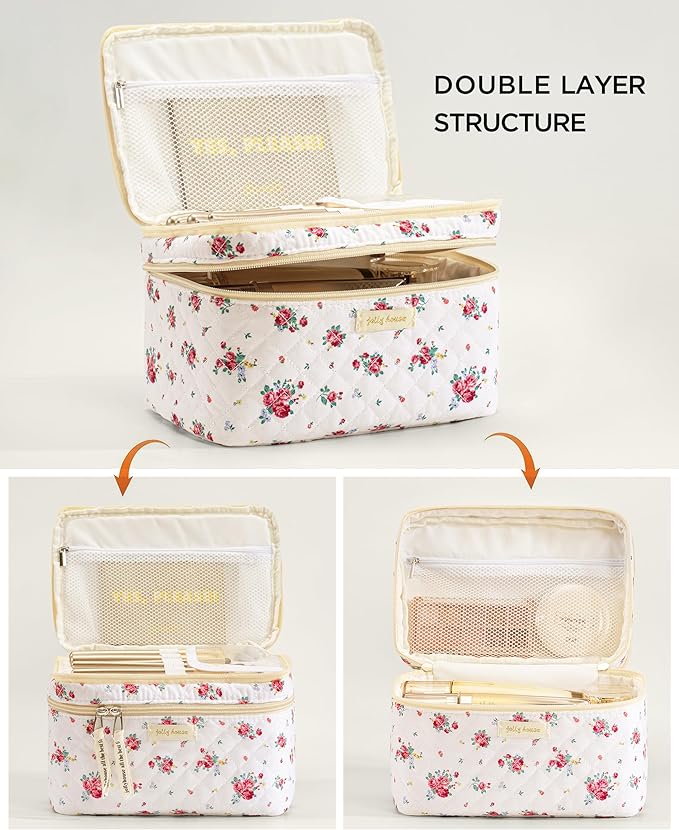 HBselect 2Pcs Travel Makeup Bag, Large Cotton Quilted Makeup Bag Cosmetic Bag Cute Make up Bag Toiletry Bags for Women Girls