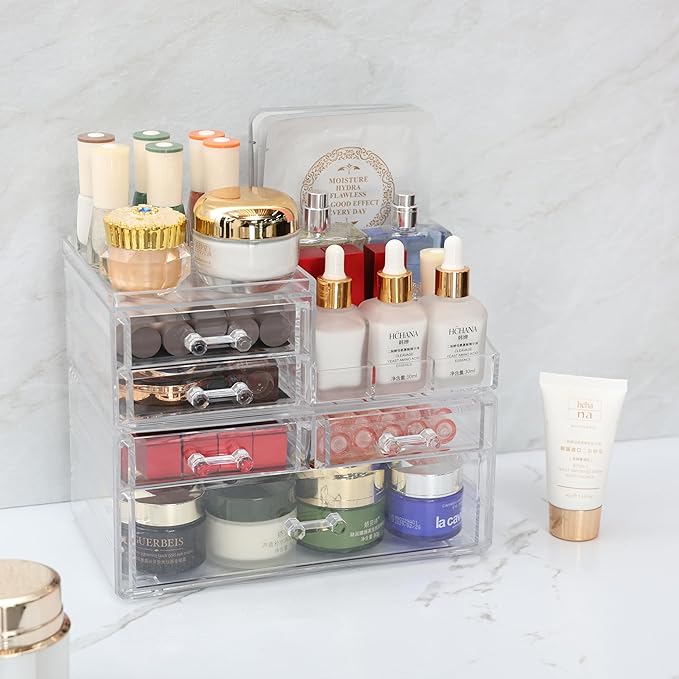 Cq acrylic Clear Make up Organizers and Storage for Vanity,2 Pcak Cute Skincare Organizer and Cosmetic Storage Organizer for Jewelry,Lipstick,Beauty,Skin Care Bathroom Counter Organizer With 5 Drawers