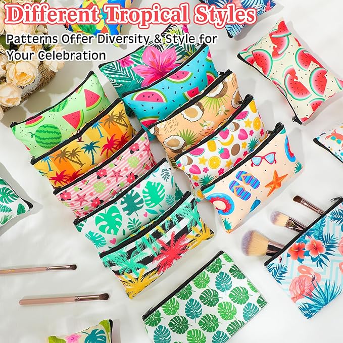 24 Pieces Makeup Bags Bulk Canvas Cosmetic Bags Purse Organizer Zipper Cosmetic Pouch Portable Travel Toiletry Pouch for Women Men Gifts, 7 x 4 Inch (Tropical)