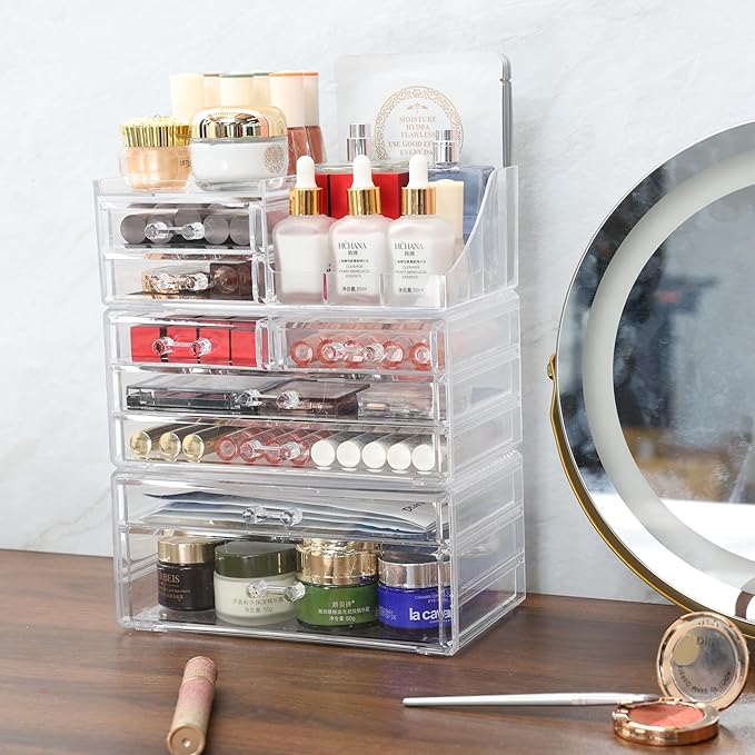 Cq acrylic 3 Pack Clear Make Up Organizers for Vanity With 8 Drawers,Stackable Skincare Organizer and Cosmetic Storage Organizer for Jewelry,Lipstick,Beauty,Skin Care,Vanity Organizers and Storage