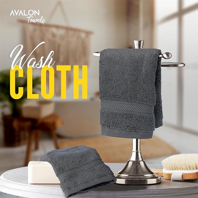 Avalon Towels Cotton Washcloths – (Pack of 12) Size 13x13 Inches, 100% Ring Spun Cotton, Absorbent, Soft Face Towels, Gym Towels, Hotel and Spa Quality, Reusable Fingertip Towels (Grey)