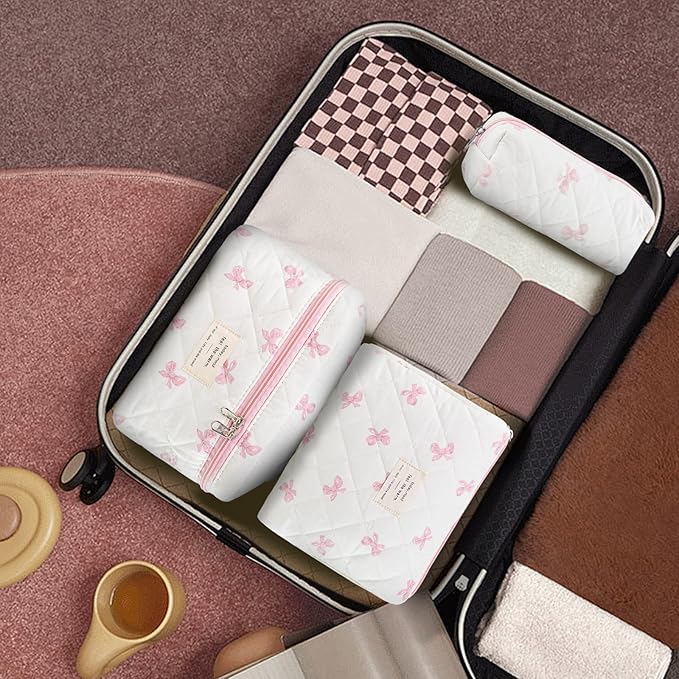 3Pcs Makeup Bag Cotton Quilted Travel Cosmetic Bag Cute Floral Makeup Pouch Large Toiletry Bag for Women Girls (Bow-Pink)