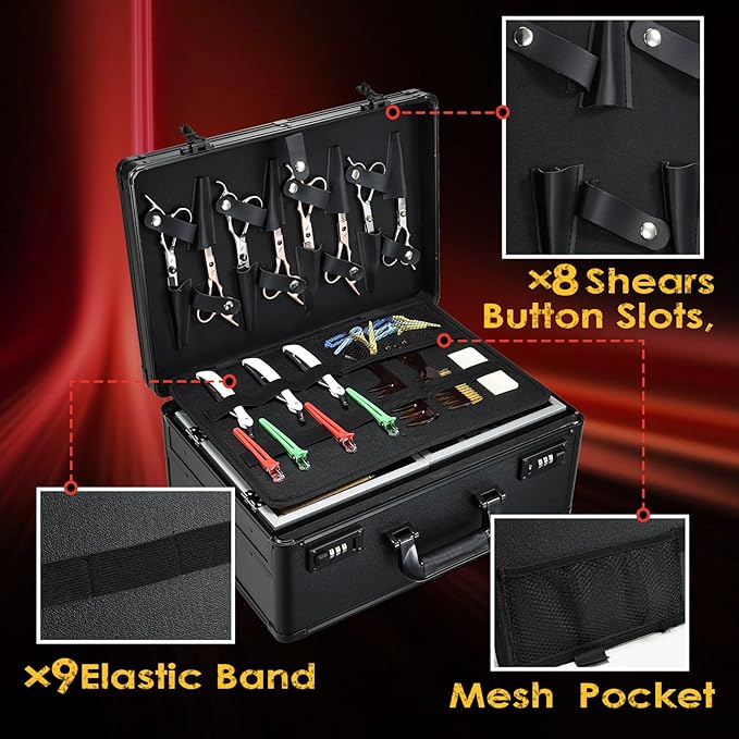 Barber Case 6 Clippers Sliding Tray, Profesional Barbers Briefcase Tool Case, Barber Cases for Clippers and Supplies, Hair Scissors Trimmer Organizer, Salon Hair Grooming Hard Travel Suitcase