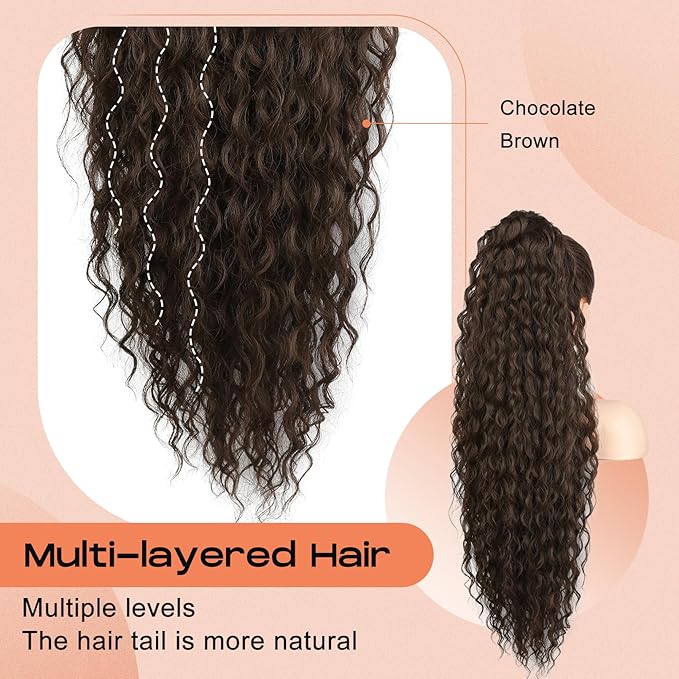 SEIKEA Ponytail Extension, 36" Long Lightweight Full Natural Curly Drawstring Ponytail Fake Pony Tail Multi Layered Soft Clip in Hair Extensions Ponytail Synthetic Hairpiece, Chocolate Brown