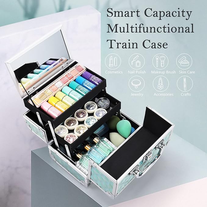 FRENESSA Makeup Case Portable Makeup Box Organizer Travel Cosmetic Case Storage with Mirror Locking Make Up Cases Organizers and Storage for Artist Nail Supplies Cosmetology Case Vanity Case Blue