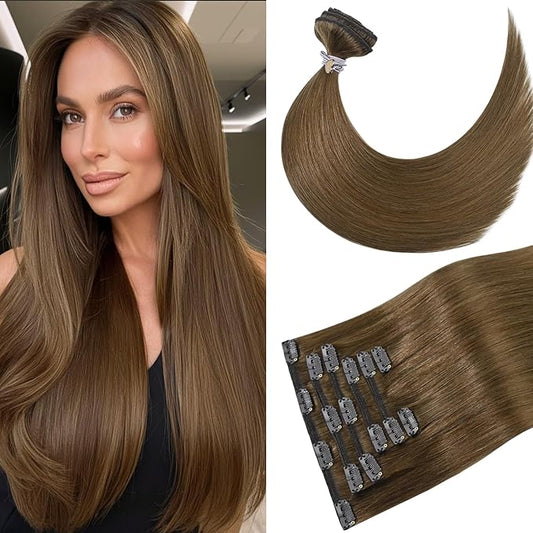 Brown Hair Extensions Clip in 20 Inch 75g Light Brown Remy Human Hair Clip ins for Women #6 Chestnut Brown Hair Extension