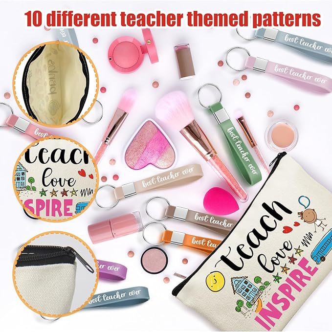 60pcs Teacher Appreciation Gifts Set，Teacher Survival Kit Canvas Makeup Bags for Women, Silicone Keychain Pouch Cosmetic Bag Travel Toiletry Bag for Thank You Gift