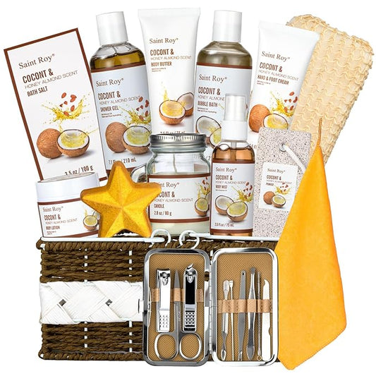 Beauty & Personal Care Set, Perfumes Bath Spa Gift Baskets 26 pcs for Women & Men Bath and Body Shower Bath Kit, Coconut & Honey Almond Pampering Large Luxury Home Spa Kit, Mother's Day Gifts for Mom