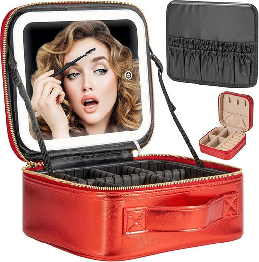 Makeup Travel Train Case with Mirror LED Light 3 Adjustable Brightness Cosmetic Bag Portable Storage Adjustable Partition Waterproof Brushes Make up Jewelry Gift for Women