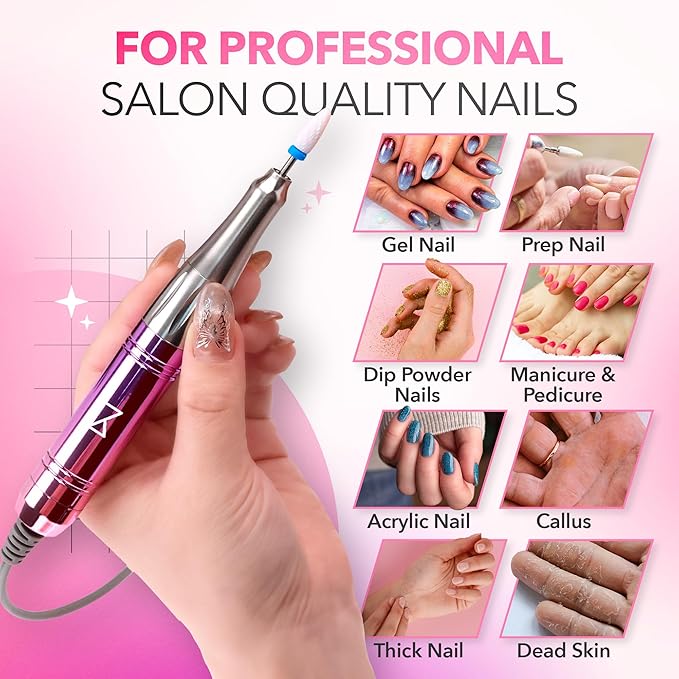 M Mase- Professional Nail Drill Machine - 2-in-1 Nail File - Cordless, 35000 RPM, HD Display - Gift for Her - Electric Nail Drill for Professional & Home Use (Unicorn Purple)
