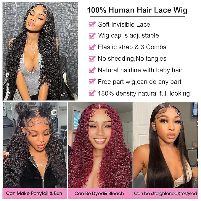 32 inch Water Wave Lace Front Wigs Human Hair 180% Density 13x6 HD Trasparent Glueless Lace Frontal Wigs for Women Human Hair Pre Plucked with Baby Hair Wet and Wavy Human Hair Wigs