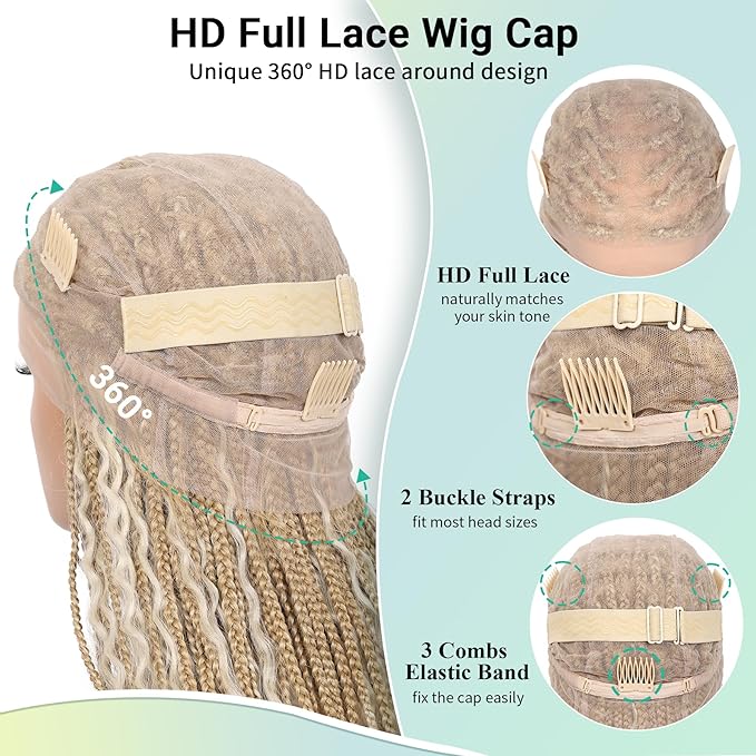 18 Inch HD Full Lace Braided Wigs for Women with Baby Hair Knotless Braid Wig Medium Human Hair blended Boho Box Braided Wigs With Cruls Ends Platinum Blonde