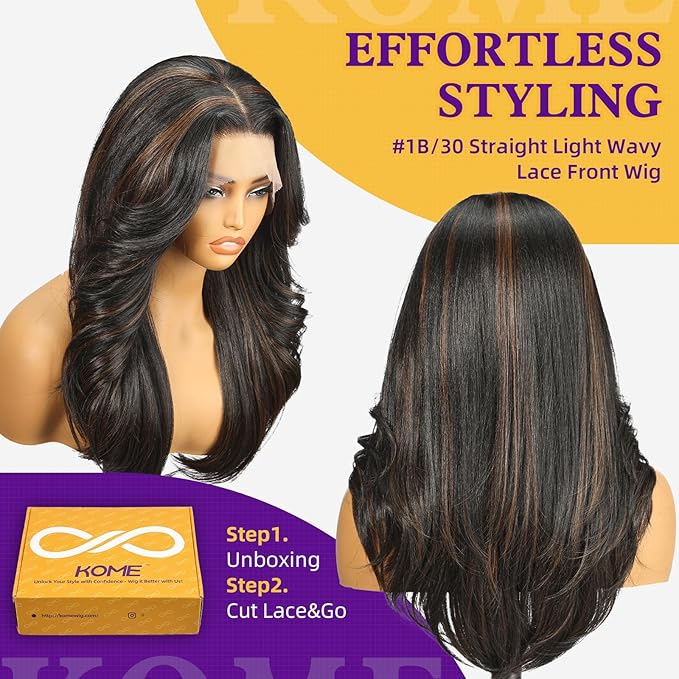 Black Brown Highlight Synthetic Lace Front Wig,13X6 HD Long Straight Glueless Wig for Women Daily Use 20IN（1B/30）