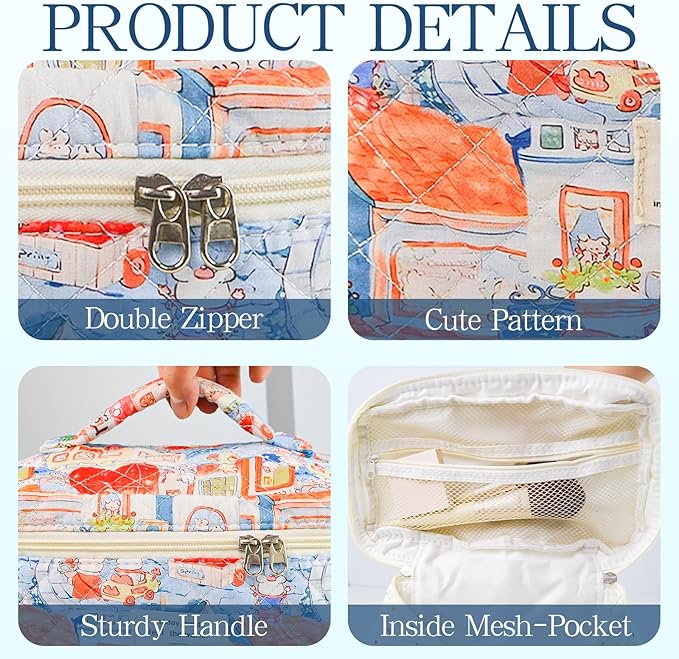 Makeup Bag, 3 PCS Quilted Makeup Bag, Cute Floral Cotton Cosmetic Bag set, Coquette Makeup Pouch Large Travel Toiletry Bag