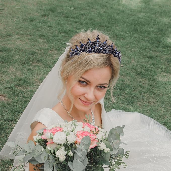 LIMELIA Women's Tiara for Henna Wedding Party|Glitter Hair Accessories for Bridal Birthday Pageant Prom Halloween Cos-play Christmas Party|Dence-Navy Blue