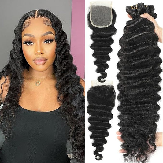 Loose Deep Wave Bundles with Closure Brazilian Virgin Hair Bundles with Closure 22 24 26+18 Inch Long Wavy Natural Black Human Hair 3 Bundles and 4X4 Lace Closure Free Part for Women