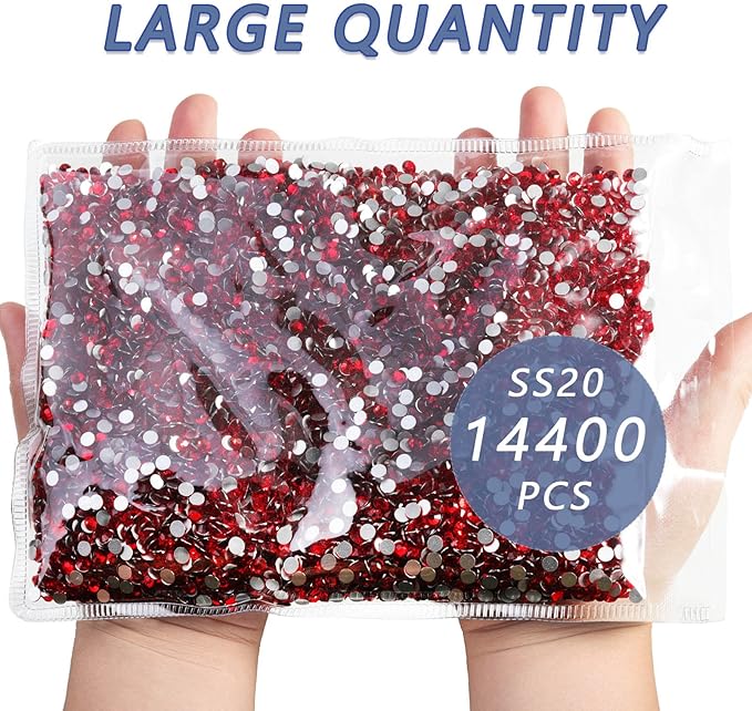 Beadsland Flatback Rhinestones Bulk,14400pcs Red Rhinestones for Crafts Clothes DIY Decoration, Light Siam, SS20, 4.6-4.8mm