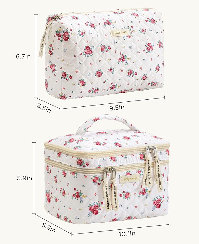 HBselect 2Pcs Travel Makeup Bag, Large Cotton Quilted Makeup Bag Cosmetic Bag Cute Make up Bag Toiletry Bags for Women Girls