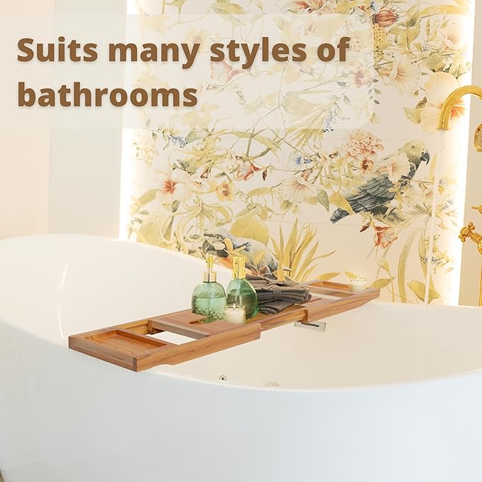 Teak Bathtub Tray, Bathtub Caddy, Expandable Bath Tub Tray Wood, Bath Table Tray&Bathtub Shelf, Luxury Bathtub & Bathroom Accessories and Organizer, House Warming&Wedding Gifts(Large)