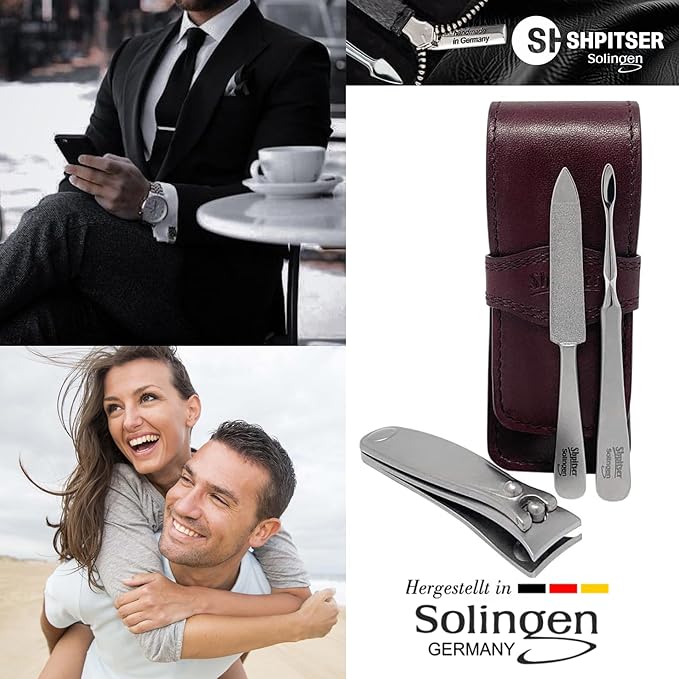 Shpitser Solingen Luxuries TopInox Surgical Stainless Steel German Hand Sharpened Manicure Pedicure Travel Set Grooming kit In Italian Leather Case Made in Solingen Germany (Dark Drown)
