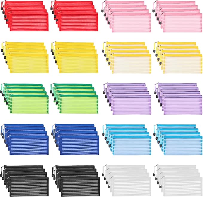 JARLINK 80 Pack Mesh Zipper Pouch, Pouch Bulk in 10 Colors, Multipurpose Storage Bags for Organizing Makeup Essentials, Travel Accessories, Office, School and Teacher Supplies