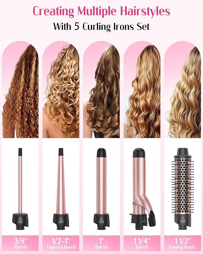 ANIEKIN 5 in 1 Curling Iron Set, Fast Heat Up Curling Wand from 3/8 to 1 1/4 Inch and a Thermal Brush Come with, Dual Voltage Hair Curler for Women All Hair Types and Travel Use, Gifts for Women