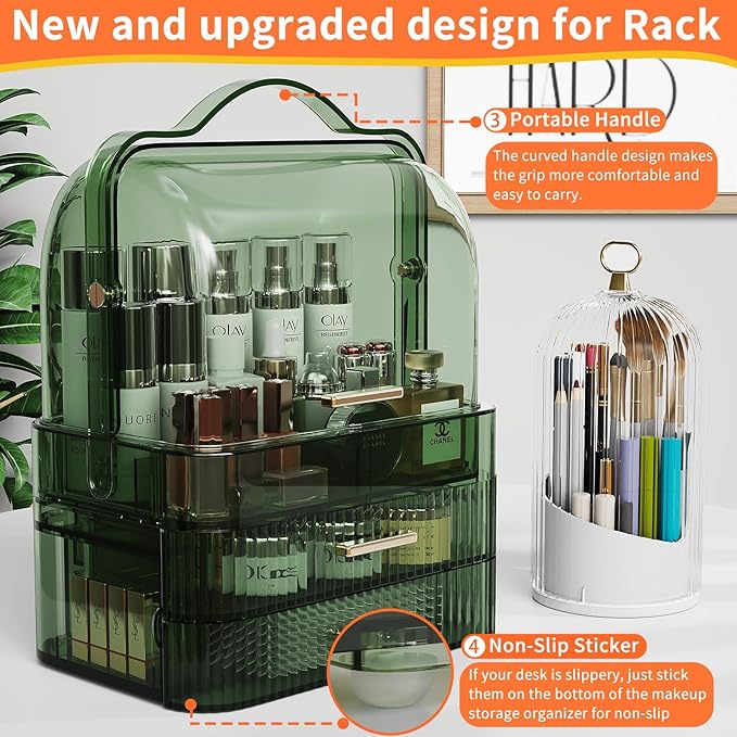 Makeup Organizers Skincare organizers with 2-Layer Storage Box and Transparent Cover Waterproof Dustproof Cosmetics Display Cases with Brush Holder for Countertop Vanity Bathroom Dresser Gift(Green)