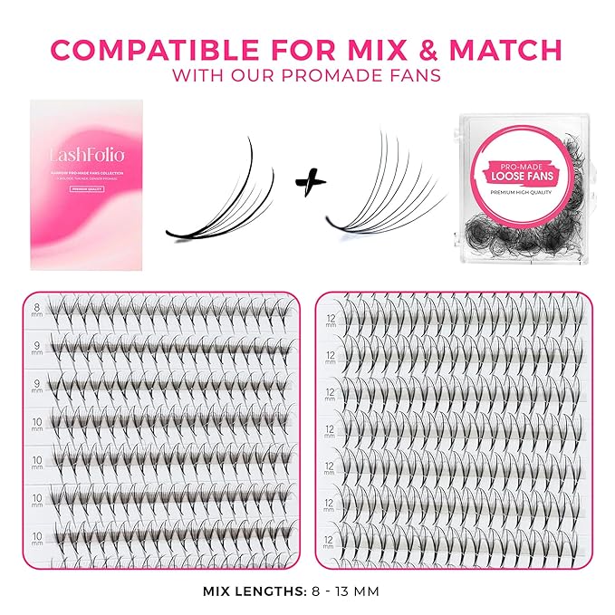 LLBA LashFolio Double Spike Promade Fans | Handmade Volume Eyelashes | Multi Selections From 5D To 10D | C CC D Curl | 0.03~0.07 mm | 8-13mm Length | Long Lasting | Easy Application (7D-0.05 D 8-13mm)