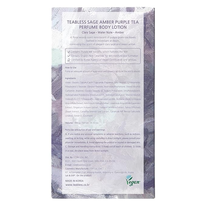 Sage Amber Purple Tea Perfumed Body Lotion, Daily Moisturizer, Body Lotion For Dry Skin & Sensitive Skin, Non-Greasy, Slow Aging, Floral Woody Scent, Korean Skin Care
