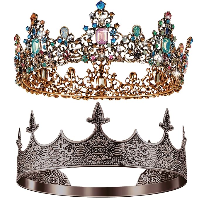 Sureio 2 Pcs Antique Royal King Crown for Men Baroque Queen Crown for 2025 Graduation Prom Party Crystal Tiara Prom Cosplay Birthday Wedding Hair Headband Accessories(Noble Style)