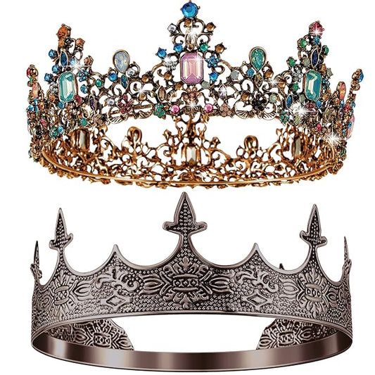 Sureio 2 Pcs Antique Royal King Crown for Men Baroque Queen Crown for 2025 Graduation Prom Party Crystal Tiara Prom Cosplay Birthday Wedding Hair Headband Accessories(Noble Style)