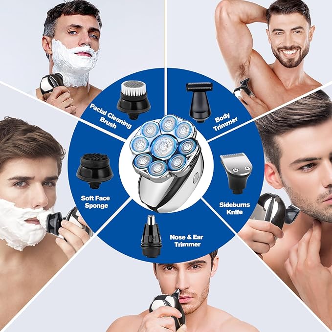 Upgrade Head Shavers for Bald Men,Head Shaver 9D, 6-in-1 Electric Razor Grooming Kit with Nose Hair Trimmer, Waterproof Wet/Dry Shaver, LED Display, Rechargeable Bald Head Razor, Gift for Men （silver）
