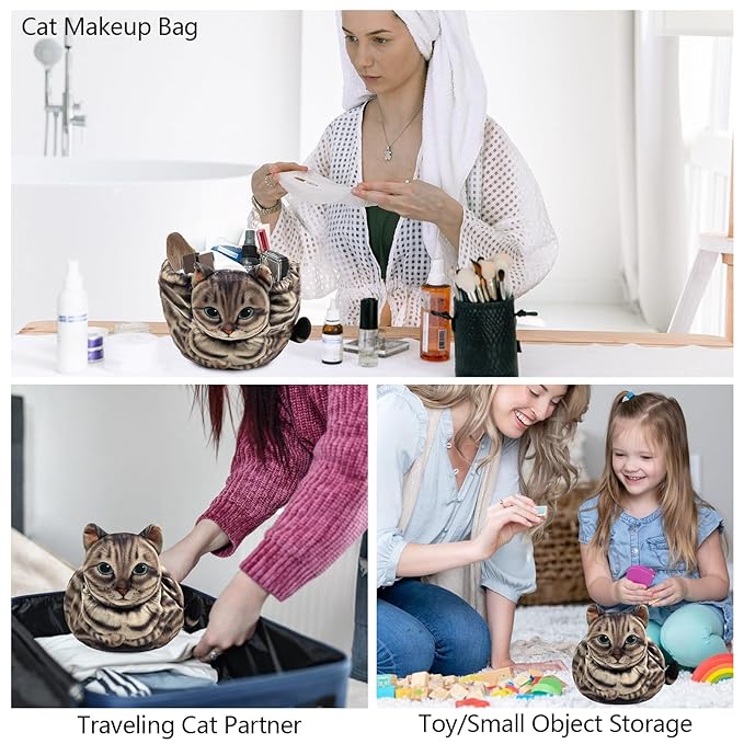 Drawstring Makeup Bag, Cat Makeup Bag, Travel Makeup Organizer, Cosmetic Pouch Bag, Cat Gift for Women, Lay Flat Makeup Bag Gifts for Cat Lovers(2-pack)
