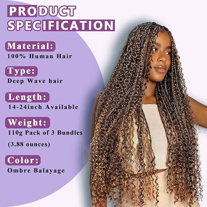 Human Braiding Hair For Boho Braids Deep Water Wave Human Bulk Braiding Hair 12A Brazilian Virgin Human Hair Extensions for Boho Braids 3 Bundles/Pack 110g 4P27 Highlight Ombre Balayage 24inch