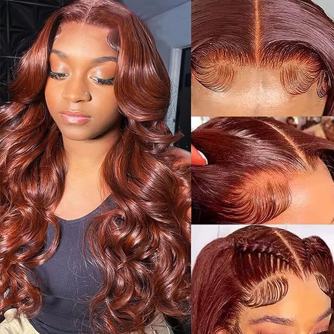13x6 Reddish Brown Body Wave Lace Front Wigs Human Hair 350# Auburn Colored HD Lace Frontal Wig for Women 180% Density Copper Red Glueless Human Hair Wigs Pre Plucked with Baby Hair 24 Inch