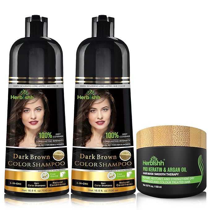 Combo Pack - Herbishh Dark Brown Hair Dye Shampoo + Argan Intense Hair Mask - Stimulates Dry, Frizzy Hair - Long-lasting Color in Minutes - 500ml