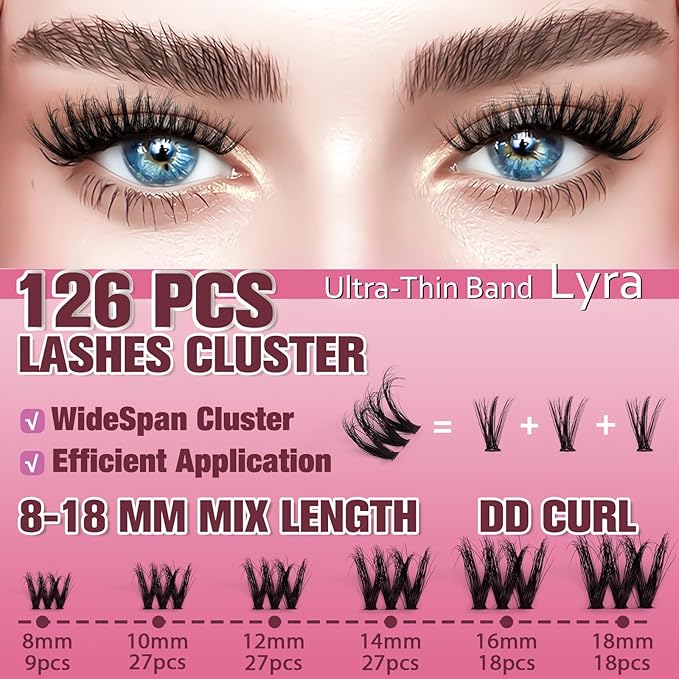 Lyra Lash Clusters Kit 8-18mm Hybrid Volume 3D Fluffy Eyelash Clusters DD Curl - WideSpan DIY Eyelash Extension Kit Cat Eye Lashes Individual Fake Eyelashes Clusters Kit 0.05mm Ultra-Thin Black Band