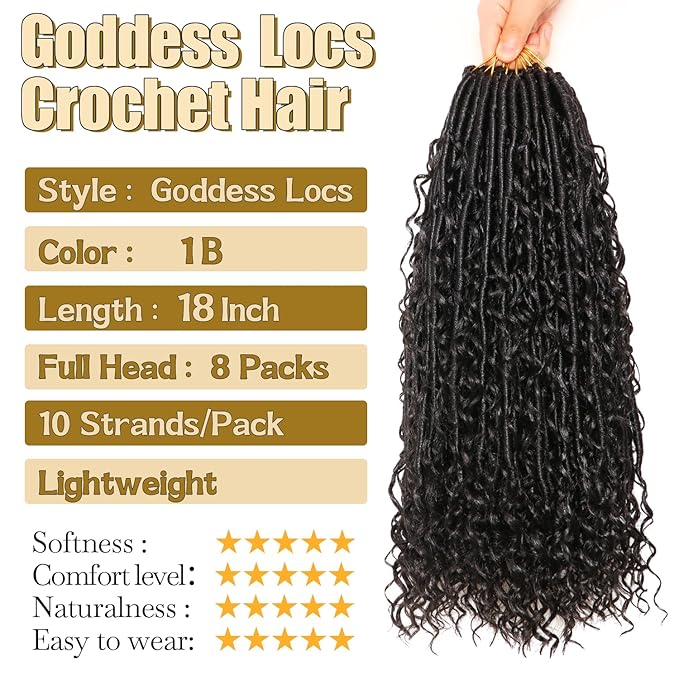 8 Packs Goddess Faux Locs Crochet Hair-18 Inch Boho Soft Locs Crochet Hair for Black Women (#1B, 18 Inch(Pack of 8))
