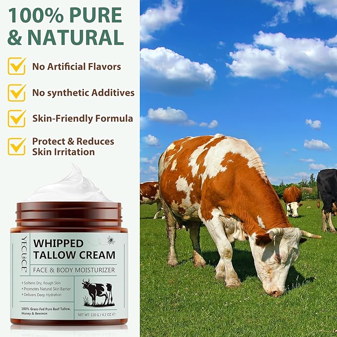 Whipped Beef Tallow for Skin, Organic Face Moisturizer with Grass Fed Beef Tallow & Raw Honey, Deeply Moisturizes Face & Body, Reduces Skin Irritation and Sensitivity, 4.2 Oz