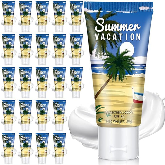 24 Pcs Mini Sunscreen Bulk for Summer Wedding Party Spf 30 Water Resistant Sunscreen Lotion Bulk 1oz Travel Size for Thank You Gifts Wedding Party Supplies(White Cream,Vacation)