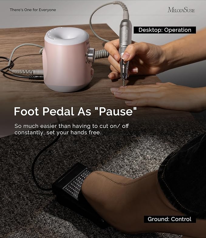 MelodySusie Electric Nail Drill with Foot Pedal, 30000RPM Professional Nail File Bits & Sanding Bands Kit for Acrylic & Gel Nails, Efile Nail Drill Set for Manicure Pedicure Polishing, Scarlet Pink