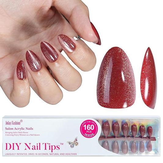 Almond Press on Nails Red Cat Eye - Press on Nails Short, Glue On Nails False Nails, Stick On Nails in 16 Sizes -160PCS Soft Gel Fake Nails Kit