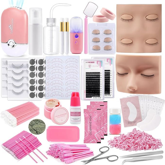Pretty memory Eyelash Extension Kit for Beginners, 343 Pcs Lash Extension Kit with Everything Includes 2 Mannequin Heads Facial Mister Tweezers Glue USB Fan for Practice Training