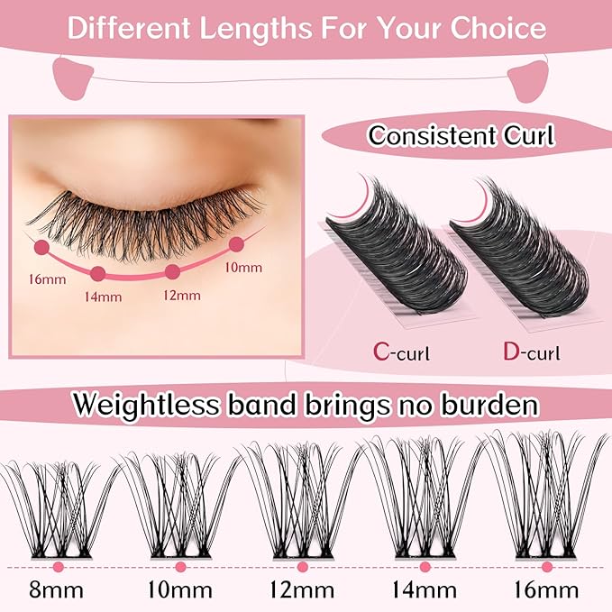 PRO LASHBEAUTY Cluster Lashes, 72 Pcs Individual Lashes, DIY Eyelash Extension, Super Thin Band Reusable Soft & Comfortable (Black, Romantic-D-16mm)